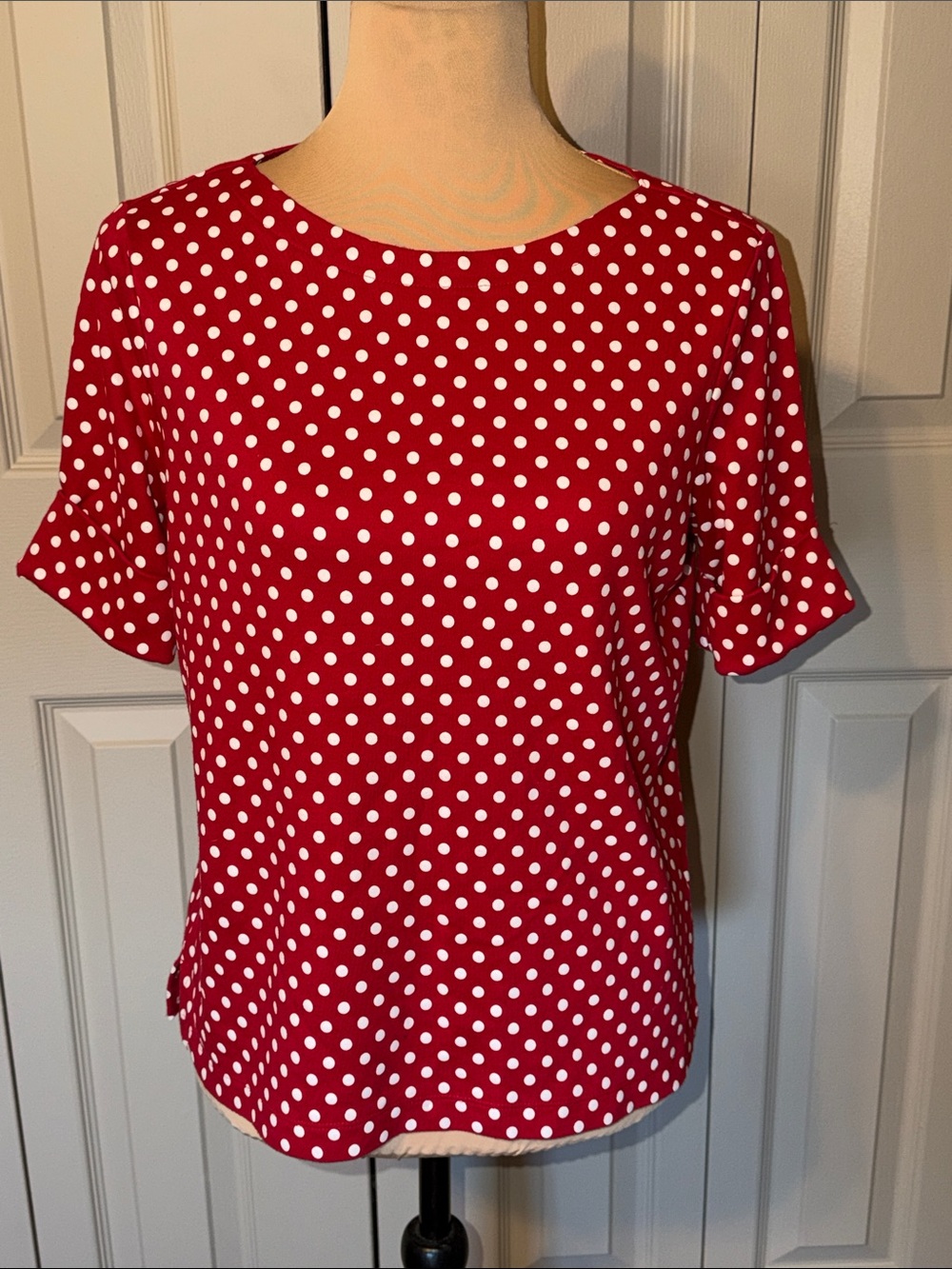 Hastings & Smith Red & White Polka Dot Short Sleeve Boat Neck Top Petite Medium